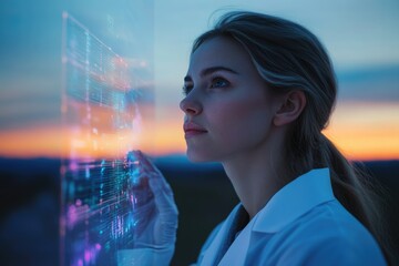 A female scientist examines futuristic data projected on a transparent screen during sunset.