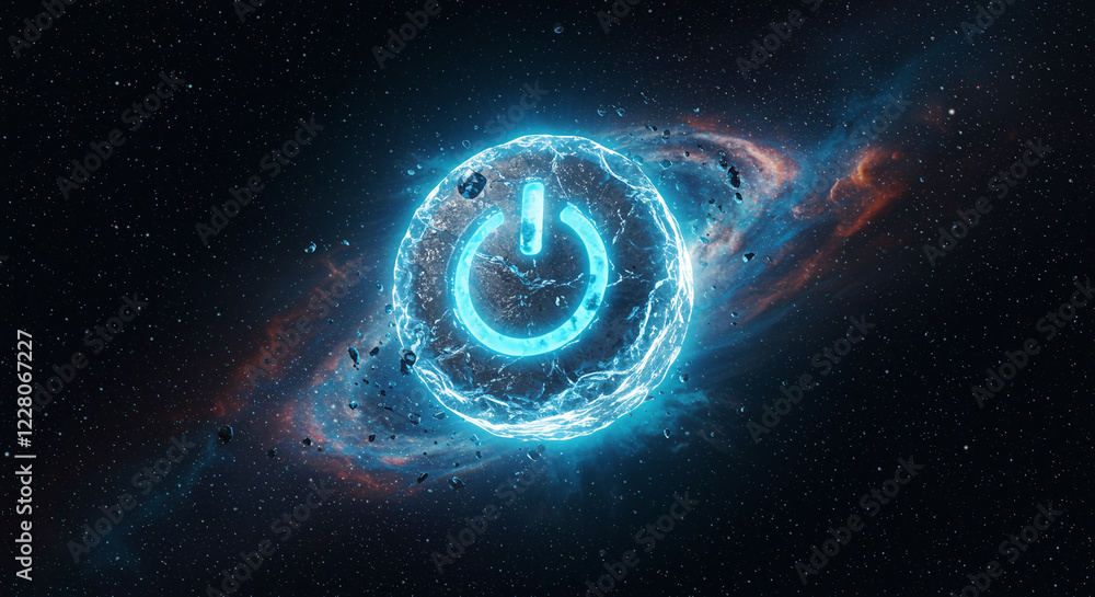 Poster glowing power button symbol floats in space. power button technology symbol surrounded by cosmic dus