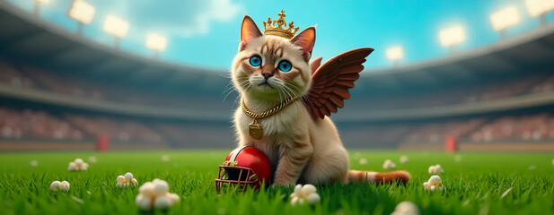 King cat Angel Blue eye portrait on football background and helmet | Commercial | Cute | Background for a football project | cute stadium