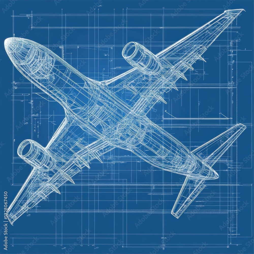 Aufkleber detailed technical blueprints showcasing the design and features of a modern airplane on a blue back