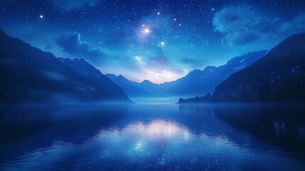 Tranquil Nighttime Lake Reflecting Starry Sky and Distant Mountains