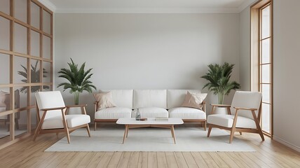White sofa and armchairs in scandinavian style home interior design of modern living room.