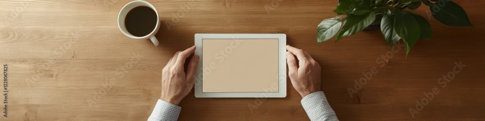 Aufkleber minimalist data visualization on digital tablet wooden desktop with coffee, business analytics for m