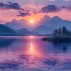 Fototapeta premium Vibrant Sunset Reflection on Calm Mountain Lake