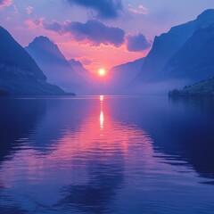 Tranquil Mountain Lake at Vibrant Sunset with Mirrored Reflections