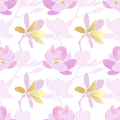 Seamless pattern with pink magnolia twig and gold petals. Luxurious floral background with spring flowers. Elegant vector illustration with watercolor texture