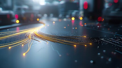 Close-up of glowing circuit pathways on a futuristic electronic board with blurred machinery background