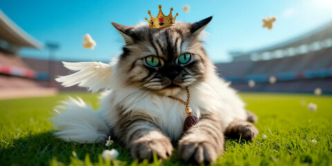 cat Angel portrait on football background and popcorn | Commercial | Cute | Background for a football project | cute stadium