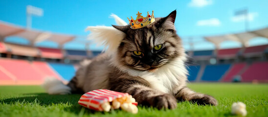 wings withe cat Angel portrait on football background and popcorn | Commercial | Cute | Background for a football project | cute stadium