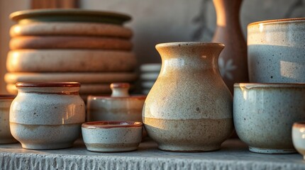 Handcrafted pottery displayed on a table with warm lighting
