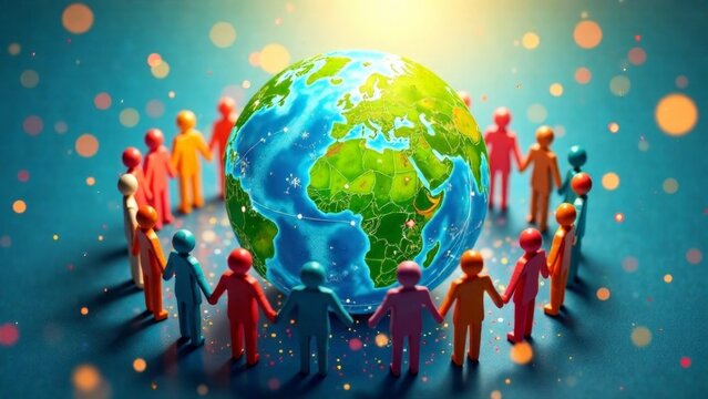 A group of people holding hands around a globe. The globe is green and the people are of different colors. Concept of unity and togetherness