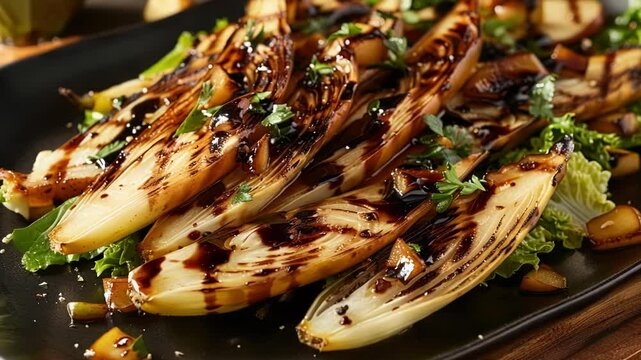 Indulge in a delicious grilled endive and pear salad with balsamic dressing on a black plate. Fresh herbs make it perfect for vegetarians. Enjoy this green appetizer for a light meal