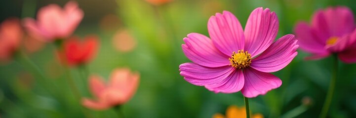 Delicate cosmos blossoms, vibrant petals, lush green garden , red, pretty