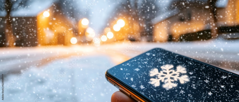 Aufkleber Nordic Winter Weather Visualization Dynamic Snowfall Scene with Smartphone Forecast Display - Digital Content for Seasonal Planning and Emergency Preparedness