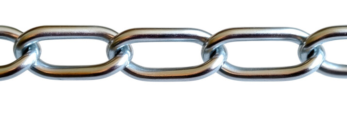 Close up view of shiny metal chain links arranged sequentially, isolated on a transparent background. PNG