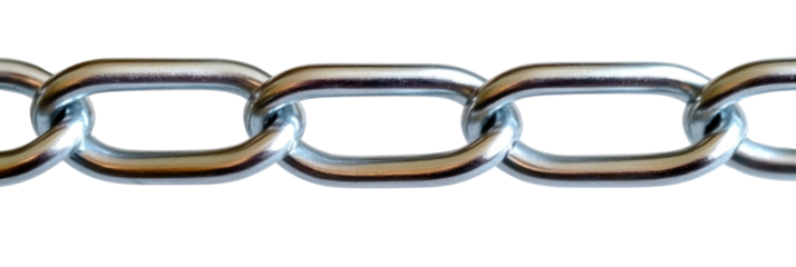 Close up view of shiny metal chain links arranged sequentially, isolated on a transparent background. PNG
