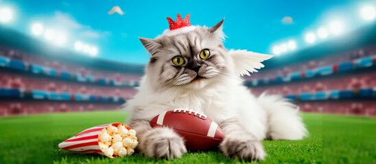 white cat Angel red king portrait on football background and popcorn | Commercial | Cute | Background for a football project | cute stadium