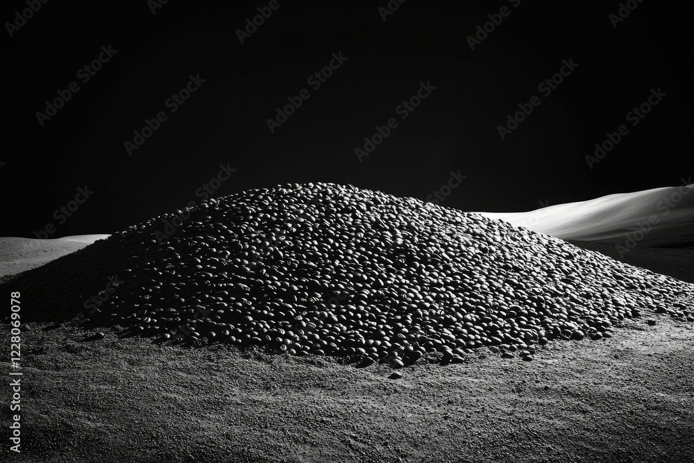 Poster a large pile of dark, round objects rests on a lighter surface, possibly representing coffee beans o