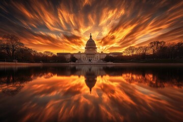 Fototapeta premium Capitol Building at Sunset: A Fiery Reflection