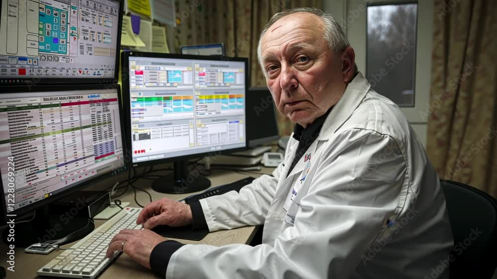 Poster an older man works diligently in an office, focused on a computer screen where he analyzes graphs. h