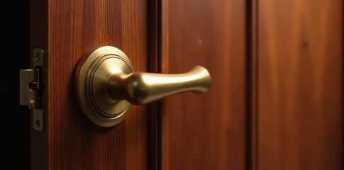Elegant brass door handle and latch on rich veneer door , safe, finish