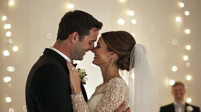 Bride and Groom First Dance Under Fairy Lights
