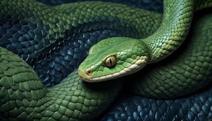 Obraz premium Una imagen de primer plano de la piel escamosa de una serpiente verde, que muestra el patrón intrincado y texturizado de sus escamas sobre un fondo oscuro