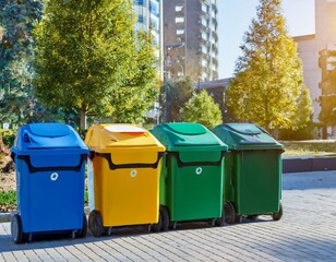 Contenederos de Basura de diferentes colores, concepto Reciclaje