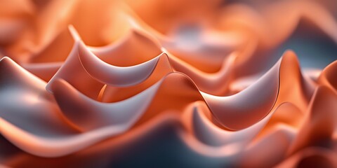 Orange and white abstract microscopic shapes forming wavy landscape, creating undulating terrain bathed in warm illuminating light. Macro abstract background