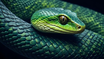 Fototapeta premium Una imagen de primer plano de la piel escamosa de una serpiente verde, que muestra el patrón intrincado y texturizado de sus escamas sobre un fondo oscuro