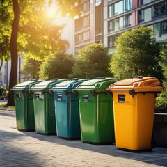 Contenederos de Basura de diferentes colores, concepto Reciclaje
