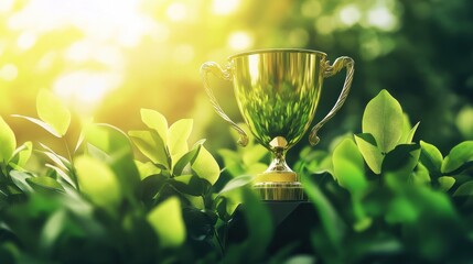 A conceptual image of a trophy surrounded by laurel leaves, Trophy display scene, Conceptual style