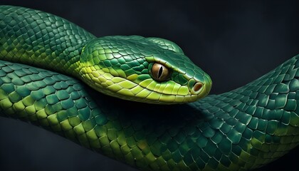 Fototapeta premium Una imagen de primer plano de la piel escamosa de una serpiente verde, que muestra el patrón intrincado y texturizado de sus escamas sobre un fondo oscuro