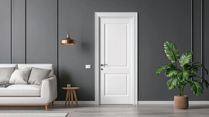 Classic white door with metal handle in modern bedroom interior. The door is close to a copy space wall, providing a spacious and inviting atmosphere. The knob design