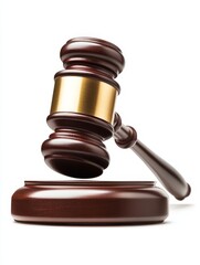 Wooden Gavel on Sound Block: Justice Symbol - Symbolizing law, order, justice, authority, and decision-making.  A wooden gavel isolated on a white background.