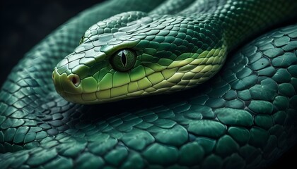 Fototapeta premium Una imagen de primer plano de la piel escamosa de una serpiente verde, que muestra el patrón intrincado y texturizado de sus escamas sobre un fondo oscuro