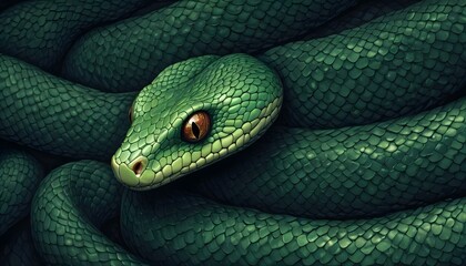 Fototapeta premium Una imagen de primer plano de la piel escamosa de una serpiente verde, que muestra el patrón intrincado y texturizado de sus escamas sobre un fondo oscuro