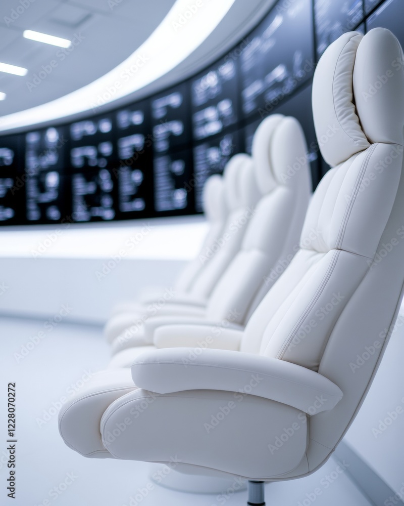 Fototapete Sleek Command Center Ergonomic White Control Seats in Tech-Forward Operational Hub - Real-Time Meteorological Monitoring and Interactive Data Presentation for Weather Industry