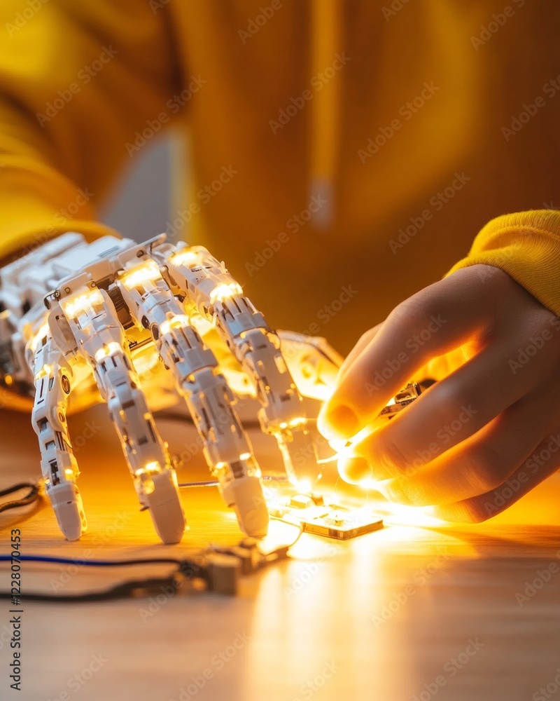 Fototapete Futuristic STEM Workshop Teenage Boy in Yellow Hoodie Assembles Illuminated Robotic Hand on Wooden DeskEmpowering Youth with Hands-on Robotics and Coding Skills