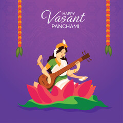 vector illustration of Goddess Saraswati for Vasant Panchami Puja of India