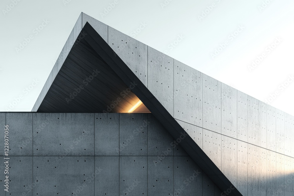 Poster modern concrete building with geometric design, featuring a triangular overhang and subtle lighting.
