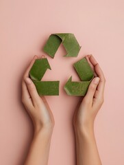 Eco-Chic Sustainability Concept Hands Holding Leafy Recycling Symbol on Pastel - Educational Eco Content for Green Marketing and Sustainable Living Initiatives