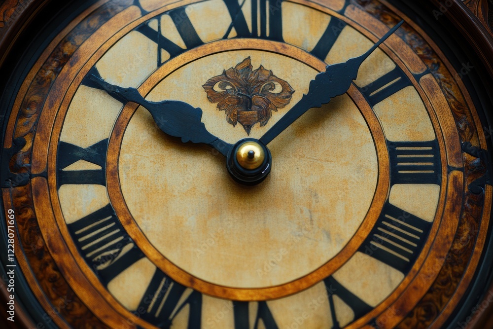 Fototapete classic antique clock with intricate design and roman numerals showing the time in a vintage style. 