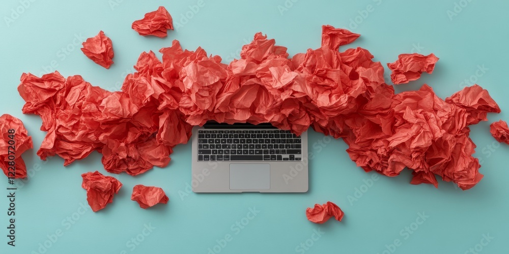 Poster surreal blogging struggles laptop amid crumpled red pages on aqua - content creation dynamics for di