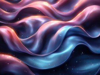 Obraz premium A vibrant abstract composition featuring flowing, colorful waves of purple, red, and orange hues, interspersed with glowing golden specks resembling stardust, generative AI.