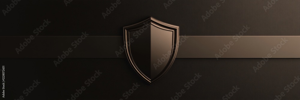 Poster dark shield emblem displayed on a sleek black background with smooth lines and a minimalist design, 