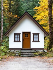 Cozy Cabin in Autumn Woods - A charming white cabin nestled amongst colorful autumn trees.  Stone steps lead to a warm wooden door. Perfect for a peaceful getaway.