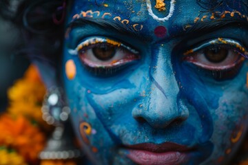 Fototapeta premium Close up portrait of a man with vibrant blue face paint, celebrating the holi festival in india