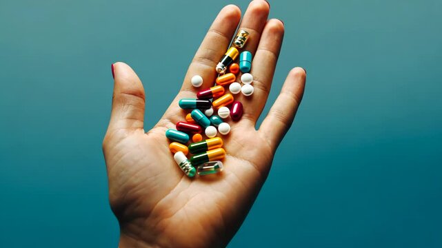 Hand holding a variety of colorful capsules and tablets against a blue background