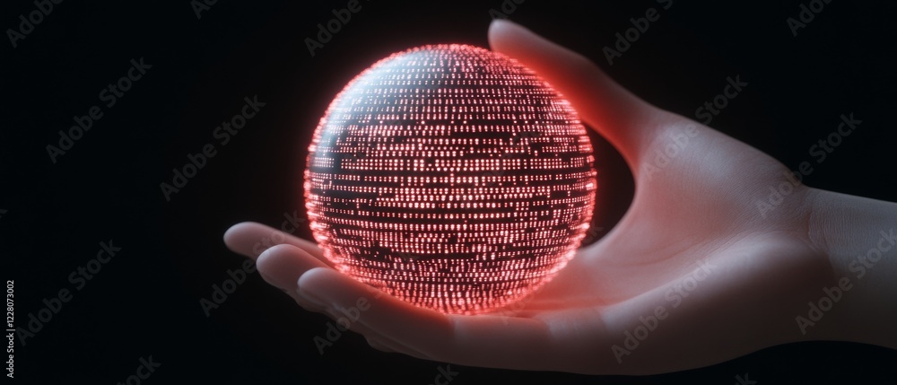Poster holographic digital interface futuristic hand-held data sphere in neon aesthetic - cutting-edge tech